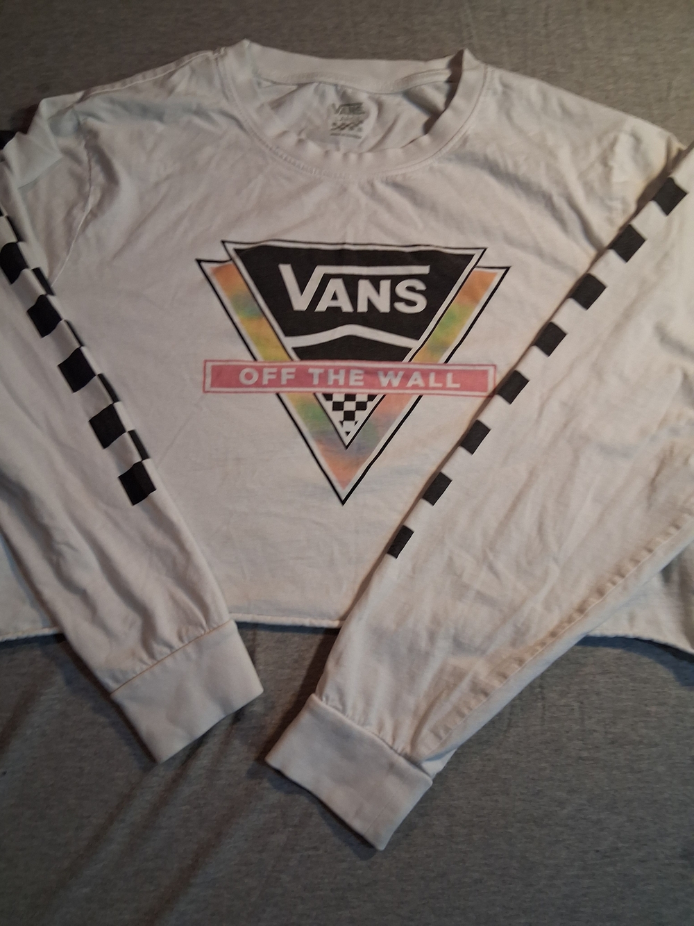 Vans White Crop Tee with Pastel Rainbow Triangle and Pink 'Off The Wall' Banner